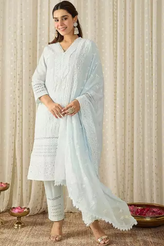 Women Ethnic Motifs Embroidered Regular Thread Work Pure Cotton Kurta with Trousers & With Dupatta