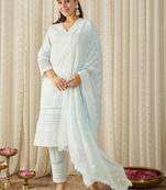 Women Ethnic Motifs Embroidered Regular Thread Work Pure Cotton Kurta with Trousers & With Dupatta