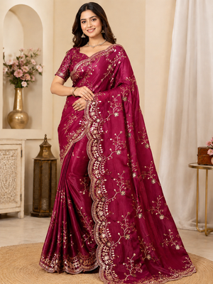 red color codding with thread embroidery work with cutwork border silk blend saree 1