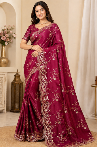 red color codding with thread embroidery work with cutwork border silk blend saree