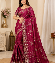 red color codding with thread embroidery work with cutwork border silk blend saree