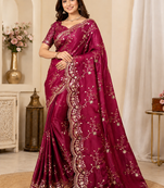 red color codding with thread embroidery work with cutwork border silk blend saree