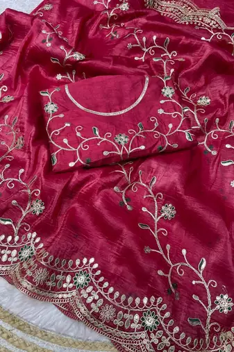 red color codding with thread embroidery work with cutwork border silk blend saree