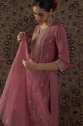 Ethnic Motifs Embroidered Regular Straight Kurta With Palazzos & Dupatta