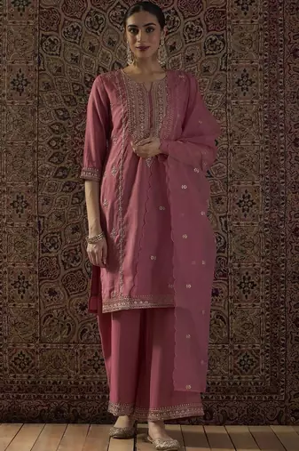 Ethnic Motifs Embroidered Regular Straight Kurta With Palazzos & Dupatta