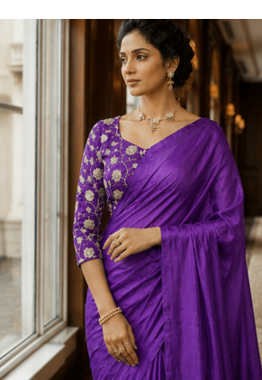 Purple Color Plain Satin Silk Blend Saree 1