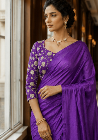 Purple Color Plain Satin Silk Blend Saree