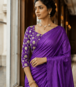 Purple Color Plain Satin Silk Blend Saree