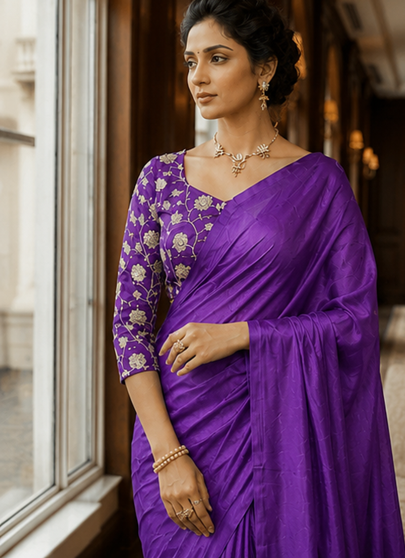 Purple Color Plain Satin Silk Blend Saree