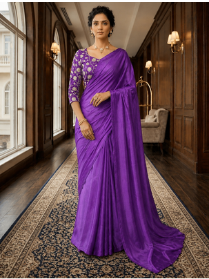 Purple Color Plain Satin Silk Blend Saree 2