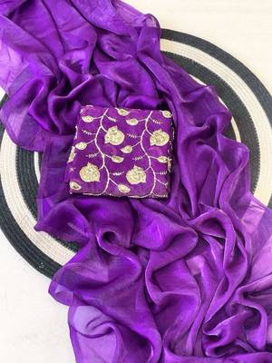Purple Color Plain Satin Silk Blend Saree 3