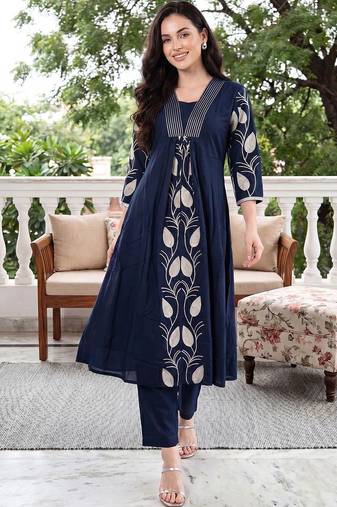 Women Floral Printed Empire Pure Cotton Kurta with Trousers