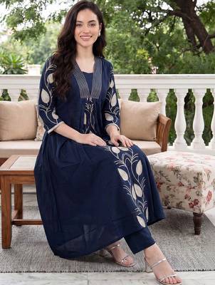 Women Floral Printed Empire Pure Cotton Kurta with Trousers 5