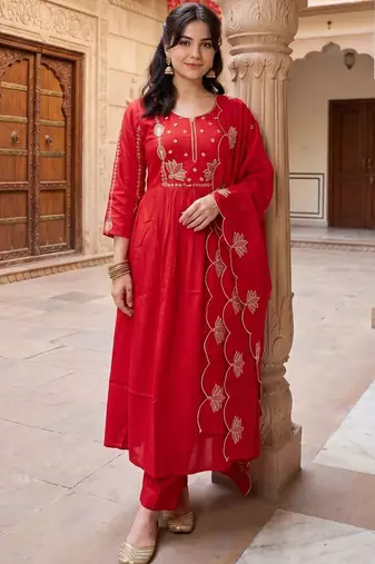 Women Ethnic Motifs Embroidered Regular Thread Work Kurta with Trousers & With Dupatta