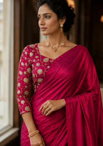Red Color Plain Satin Silk Blend Saree