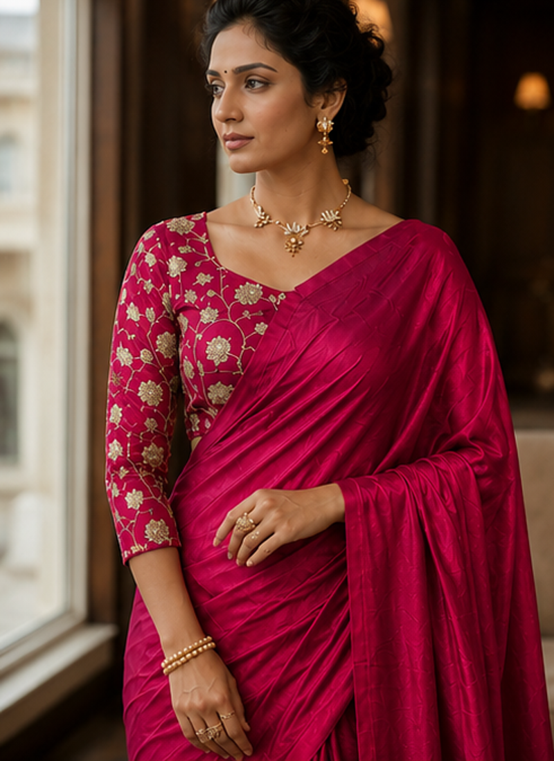 Red Color Plain Satin Silk Blend Saree