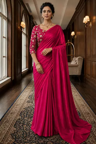 Red Color Plain Satin Silk Blend Saree
