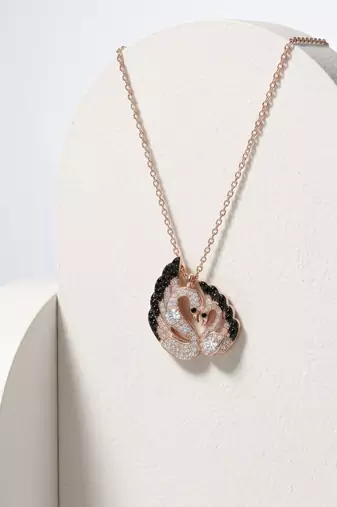 925 Sterling Silver Rose Gold Black & White CZ Swan Couple Pendant Necklace Set  for Women