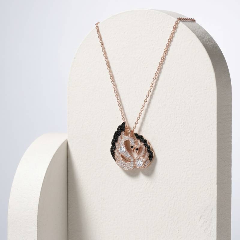 925 Sterling Silver Rose Gold Black & White CZ Swan Couple Pendant Necklace Set  for Women