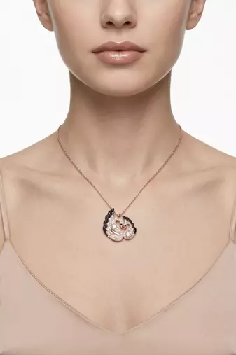 925 Sterling Silver Rose Gold Black & White CZ Swan Couple Pendant Necklace Set  for Women