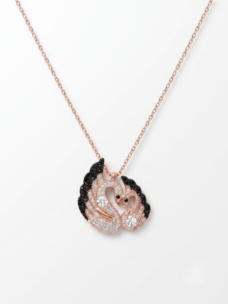 925 Sterling Silver Rose Gold Black & White CZ Swan Couple Pendant Necklace Set  for Women