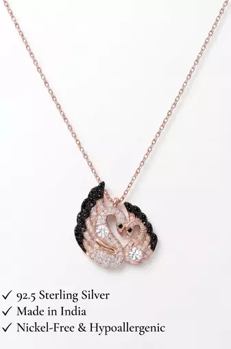 925 Sterling Silver Rose Gold Black & White CZ Swan Couple Pendant Necklace Set  for Women