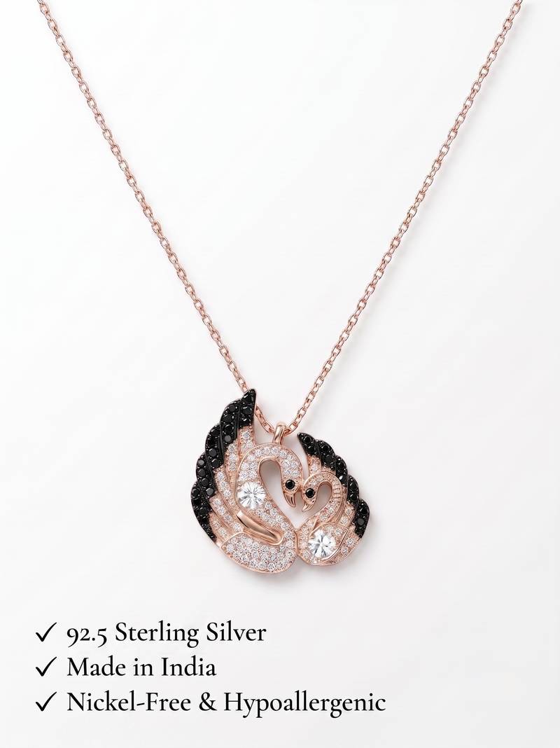 925 Sterling Silver Rose Gold Black & White CZ Swan Couple Pendant Necklace Set  for Women