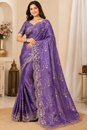 purple color codding with thread embroidery work with cutwork border silk blend saree