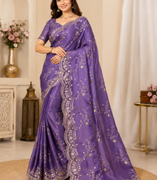 purple color codding with thread embroidery work with cutwork border silk blend saree