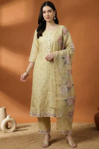 Women Ethnic Motifs Regular Linen Kurta with Trousers & With Dupatta