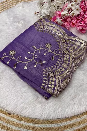 purple color codding with thread embroidery work with cutwork border silk blend saree