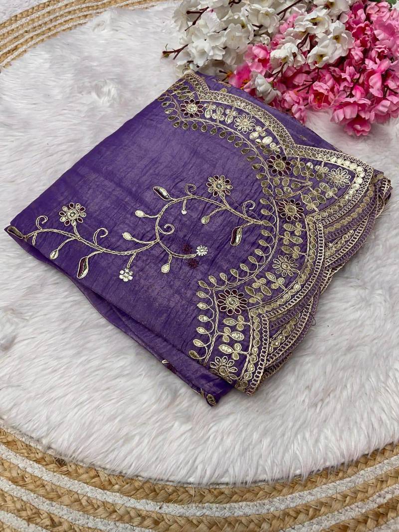 purple color codding with thread embroidery work with cutwork border silk blend saree