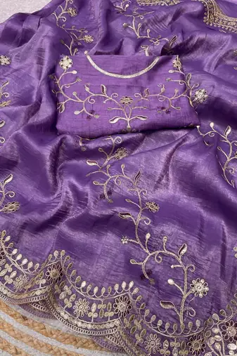 purple color codding with thread embroidery work with cutwork border silk blend saree