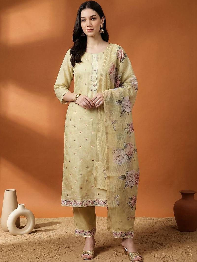 Women Ethnic Motifs Regular Linen Kurta with Trousers & With Dupatta