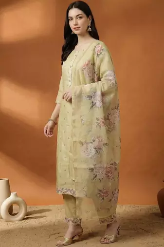 Women Ethnic Motifs Regular Linen Kurta with Trousers & With Dupatta