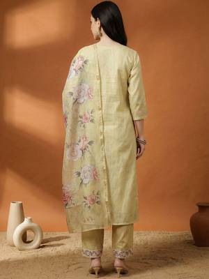 Women Ethnic Motifs Regular Linen Kurta with Trousers & With Dupatta 4