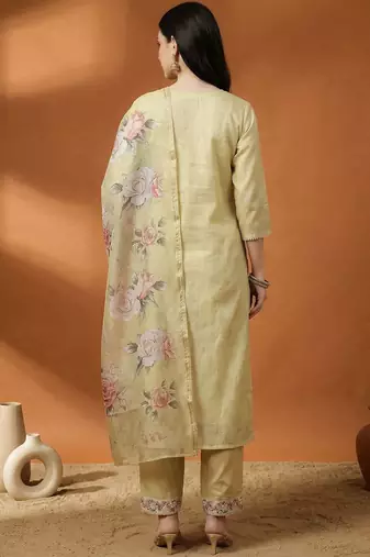Women Ethnic Motifs Regular Linen Kurta with Trousers & With Dupatta
