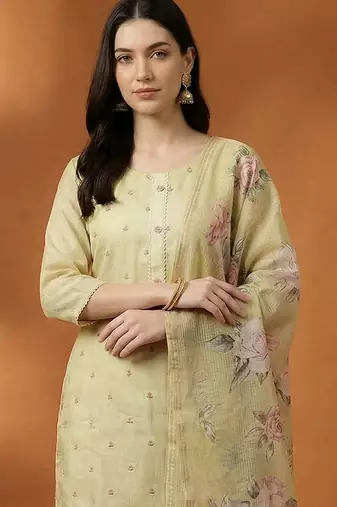 Women Ethnic Motifs Regular Linen Kurta with Trousers & With Dupatta
