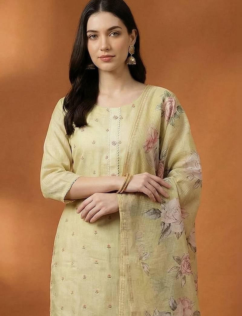 Women Ethnic Motifs Regular Linen Kurta with Trousers & With Dupatta