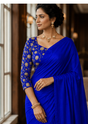 Royal Blue Color Plain Satin Silk Blend Saree 1