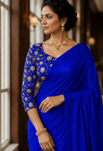 Royal Blue Color Plain Satin Silk Blend Saree