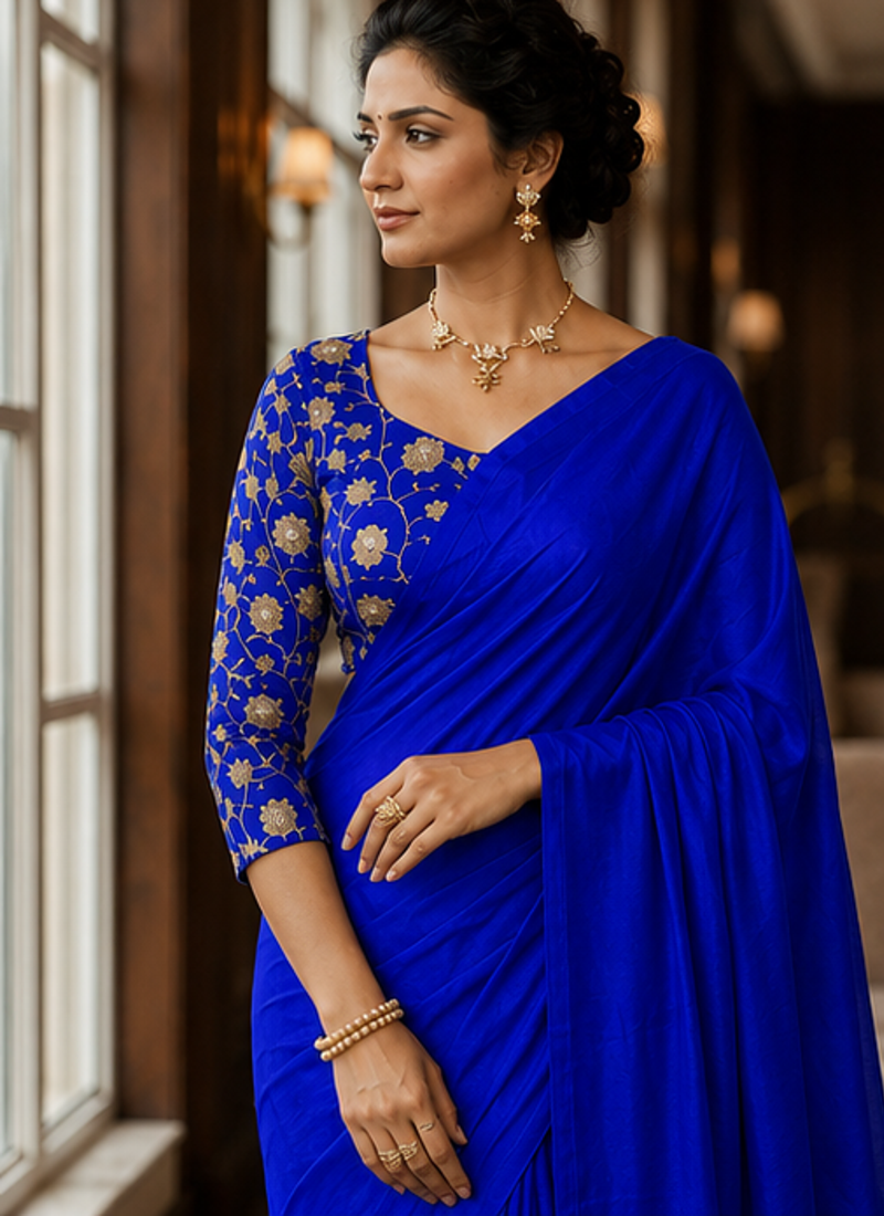 Royal Blue Color Plain Satin Silk Blend Saree