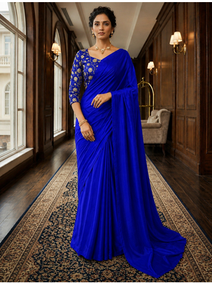 Royal Blue Color Plain Satin Silk Blend Saree 2