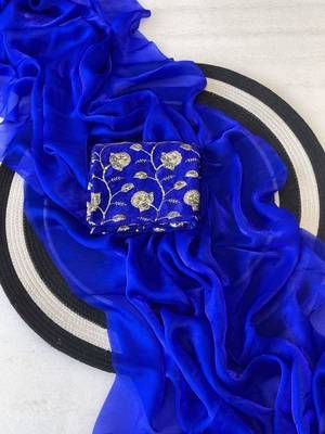 Royal Blue Color Plain Satin Silk Blend Saree 3