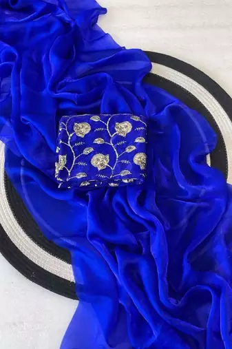Royal Blue Color Plain Satin Silk Blend Saree