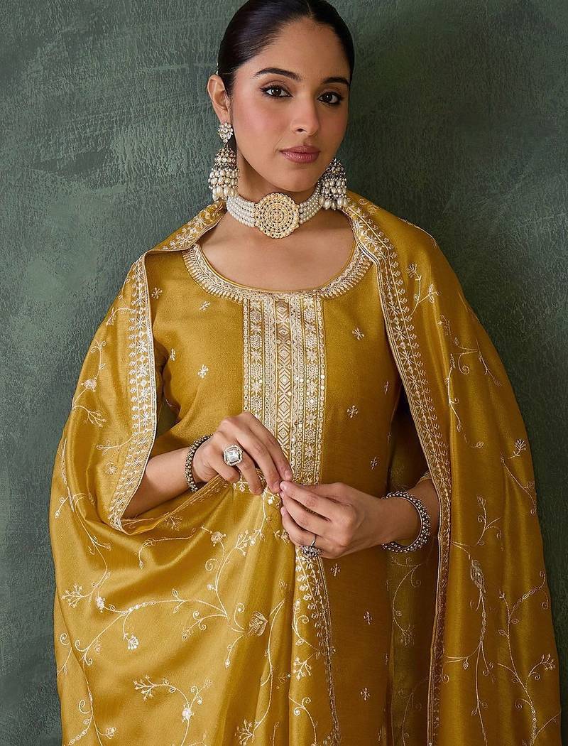 Women Embroidered Regular Sequinned Kurta with Trousers & Dupatta