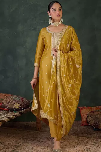 Women Embroidered Regular Sequinned Kurta with Trousers & Dupatta