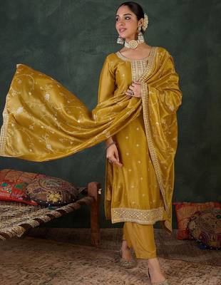 Women Embroidered Regular Sequinned Kurta with Trousers & Dupatta 4