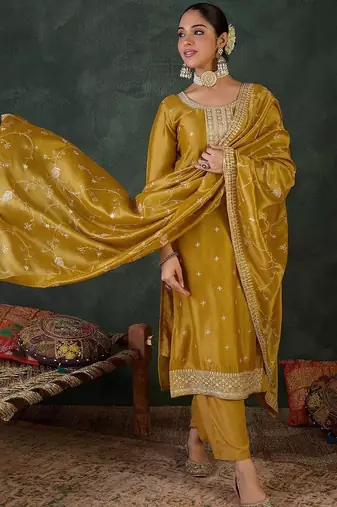 Women Embroidered Regular Sequinned Kurta with Trousers & Dupatta