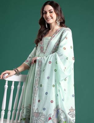 Ethnic Motifs Printed Pleated Pure Cotton Kurta with Trousers & Dupatta 1